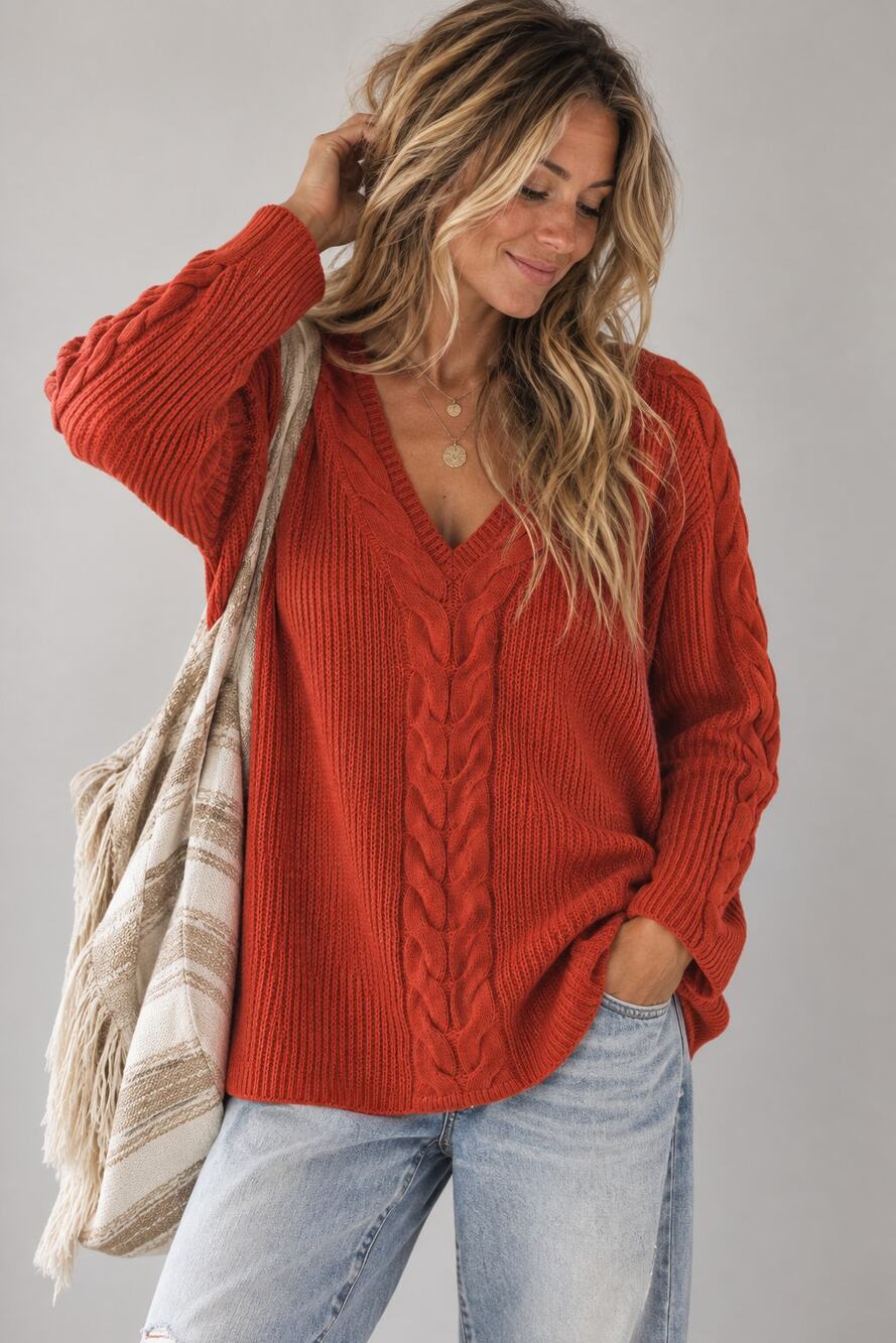 Westport Women’s Cable Knit V Neck Sweater XL Red Metallic Cozy